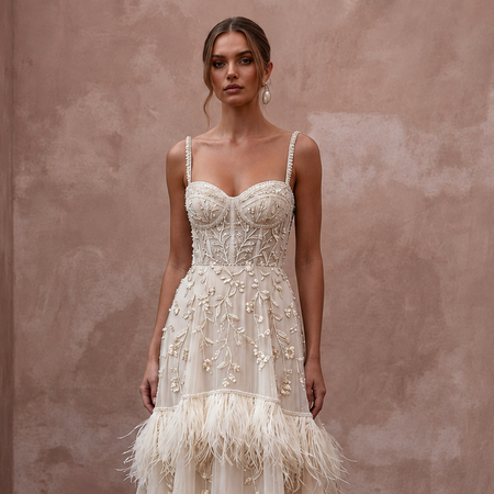 Heavenly Cream Feather-Trimmed Chiffon Gown for Cocktail Reception