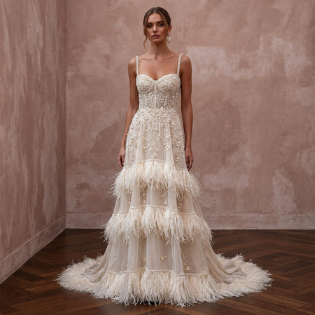Heavenly Cream Feather - Trimmed Chiffon Gown for Cocktail Reception - Apparel & Accessories > Clothing > Wedding & Bridal Party Dresses > Wedding Dresses - Mignonette Bridal