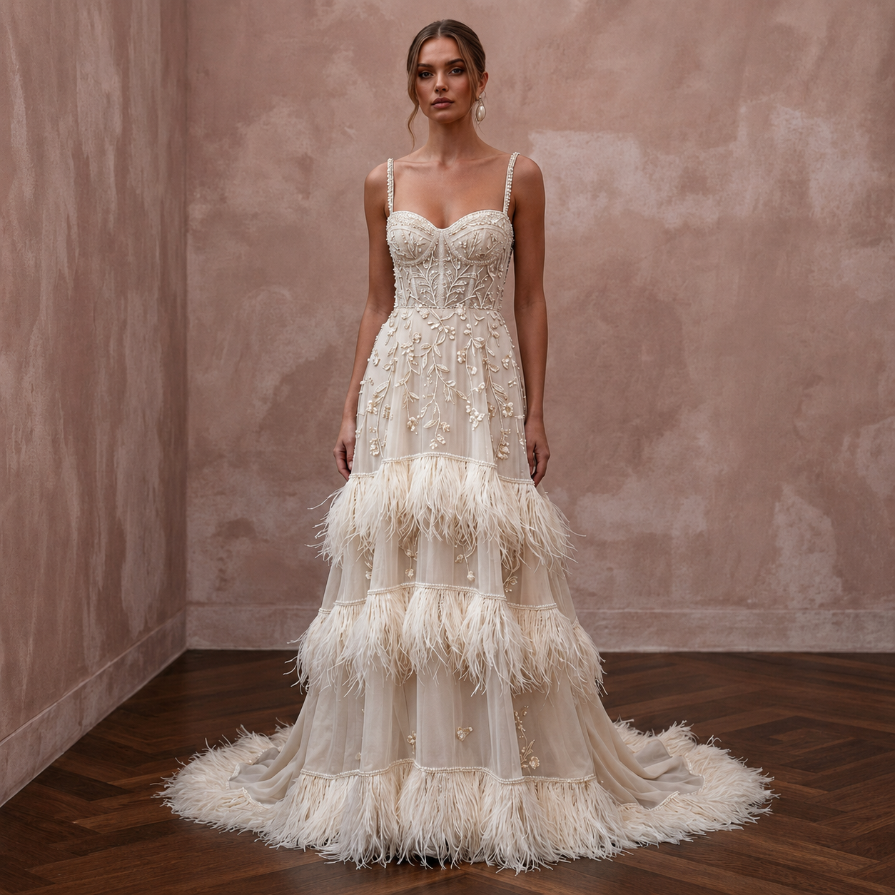 Heavenly Cream Feather-Trimmed Chiffon Gown for Cocktail Reception Main image