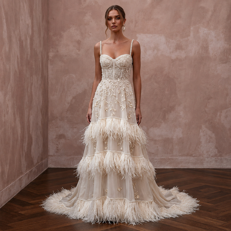 Heavenly Cream Feather-Trimmed Chiffon Gown for Cocktail Reception