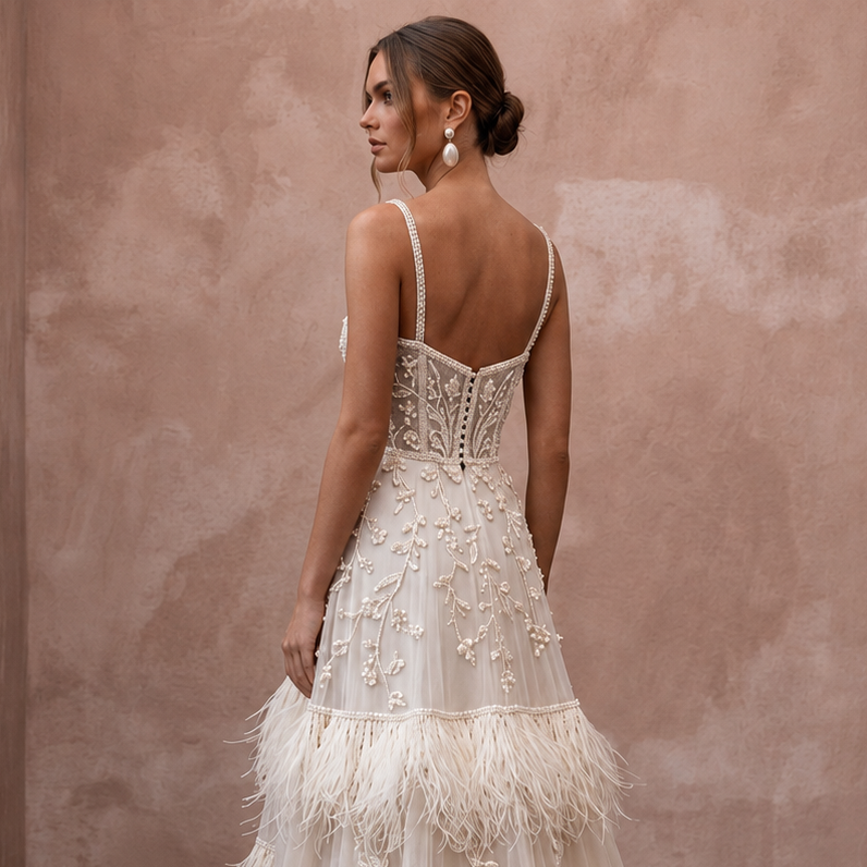 Heavenly Cream Feather-Trimmed Chiffon Gown for Cocktail Reception