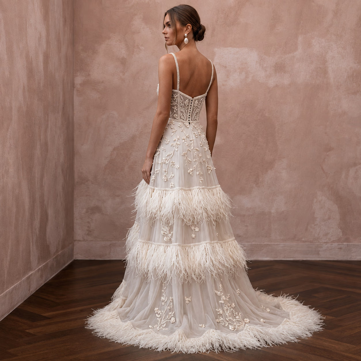 Heavenly Cream Feather-Trimmed Chiffon Gown for Cocktail Reception Secondary image