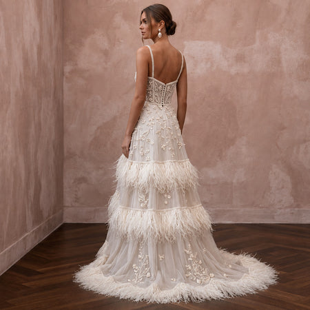 Heavenly Cream Feather - Trimmed Chiffon Gown for Cocktail Reception - Apparel & Accessories > Clothing > Wedding & Bridal Party Dresses > Wedding Dresses - Mignonette Bridal
