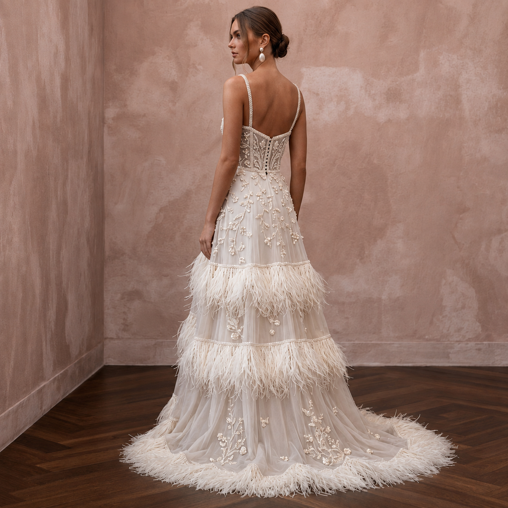 Heavenly Cream Feather-Trimmed Chiffon Gown for Cocktail Reception