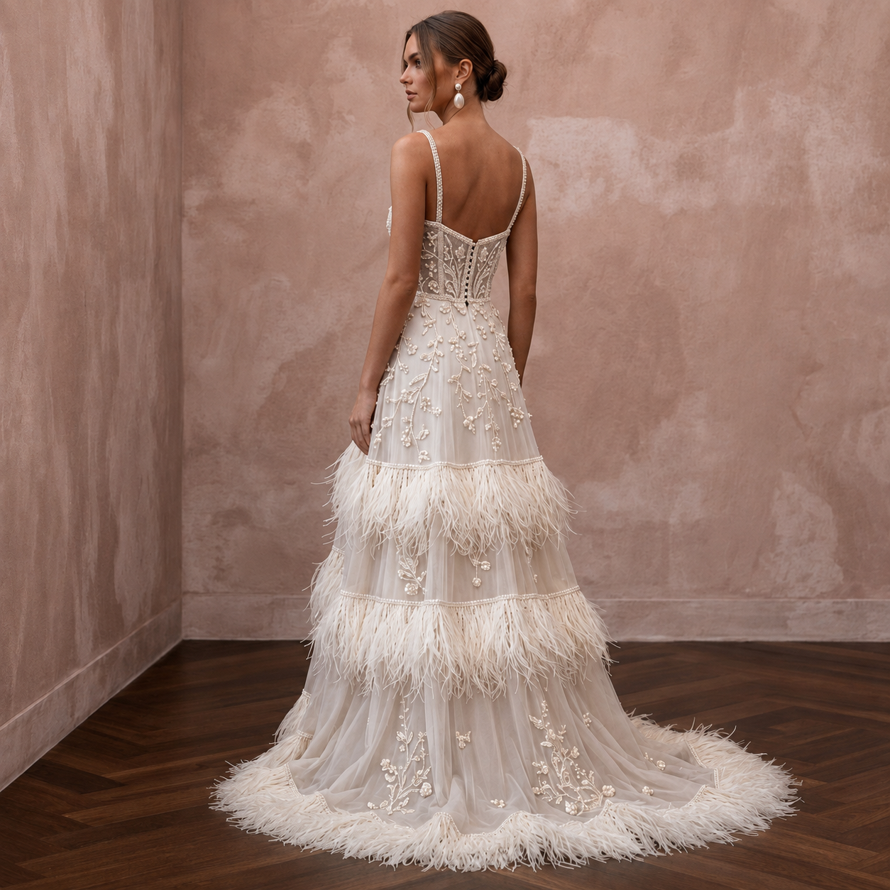 Heavenly Cream Feather-Trimmed Chiffon Gown for Cocktail Reception