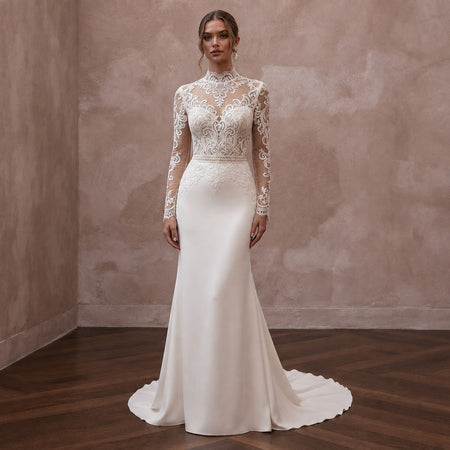 High Neck Lace Wedding Dresses with Long Sleeves - Apparel & Accessories > Clothing > Wedding & Bridal Party Dresses > Wedding Dresses - Mignonette