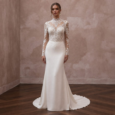 High Neck Lace Wedding Dresses with Long Sleeves