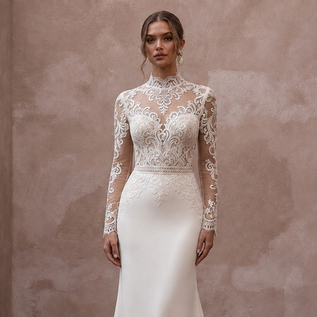 High Neck Lace Wedding Dresses with Long Sleeves