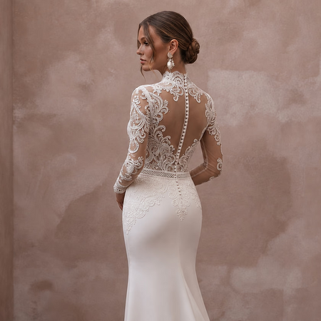 High Neck Lace Wedding Dresses with Long Sleeves - Apparel & Accessories > Clothing > Wedding & Bridal Party Dresses > Wedding Dresses - Mignonette