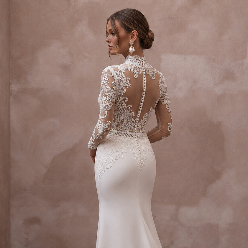 High Neck Lace Wedding Dresses with Long Sleeves