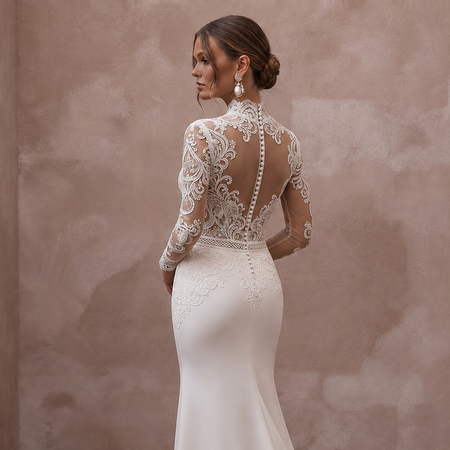 High Neck Lace Wedding Dresses with Long Sleeves