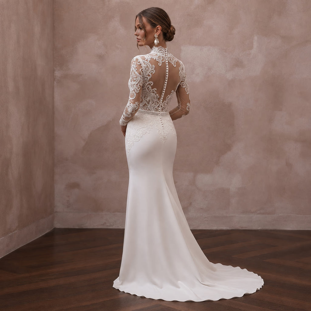 High Neck Lace Wedding Dresses with Long Sleeves - Apparel & Accessories > Clothing > Wedding & Bridal Party Dresses > Wedding Dresses - Mignonette