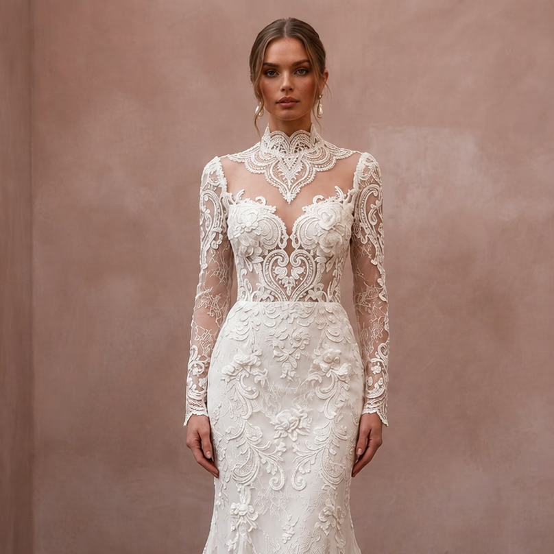 High Neck Lace Wedding Dress for a Traditional Church Ceremony
