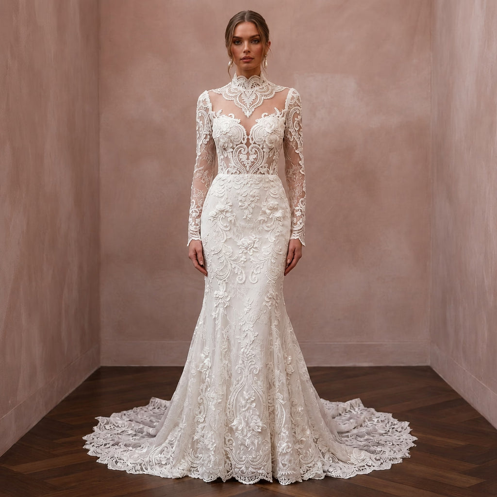 High Neck Lace Wedding Dress for a Traditional Church Ceremony