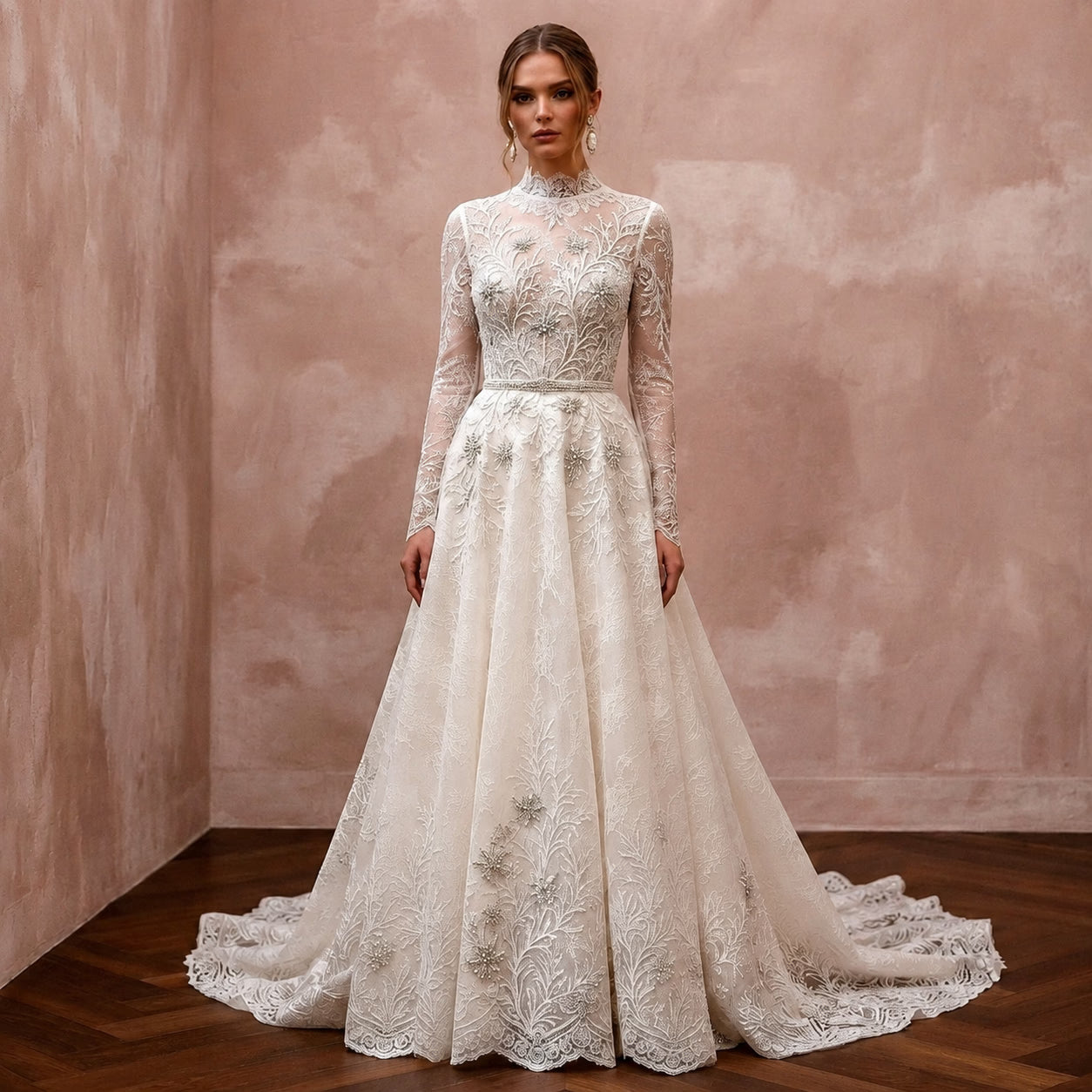 High Neck Lace Wedding Dress for a Winter Church Wedding