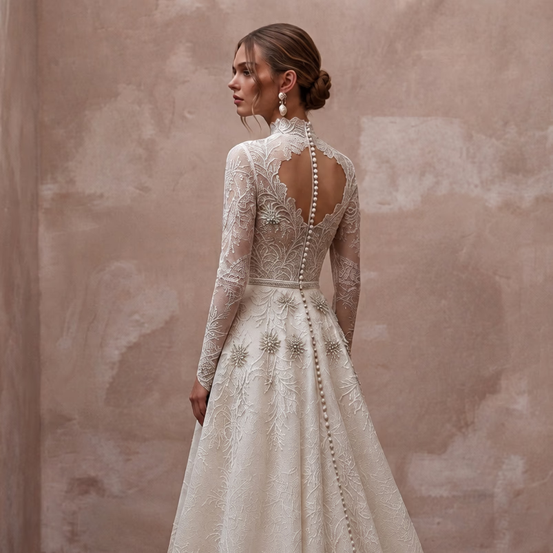 High Neck Lace Wedding Dress for a Winter Church Wedding