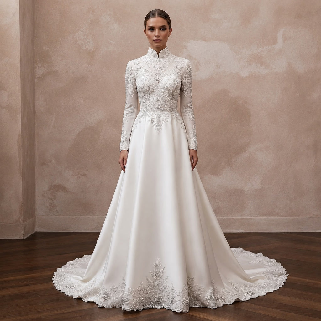 High Neck Satin Bridal Dress for a Winter Wedding