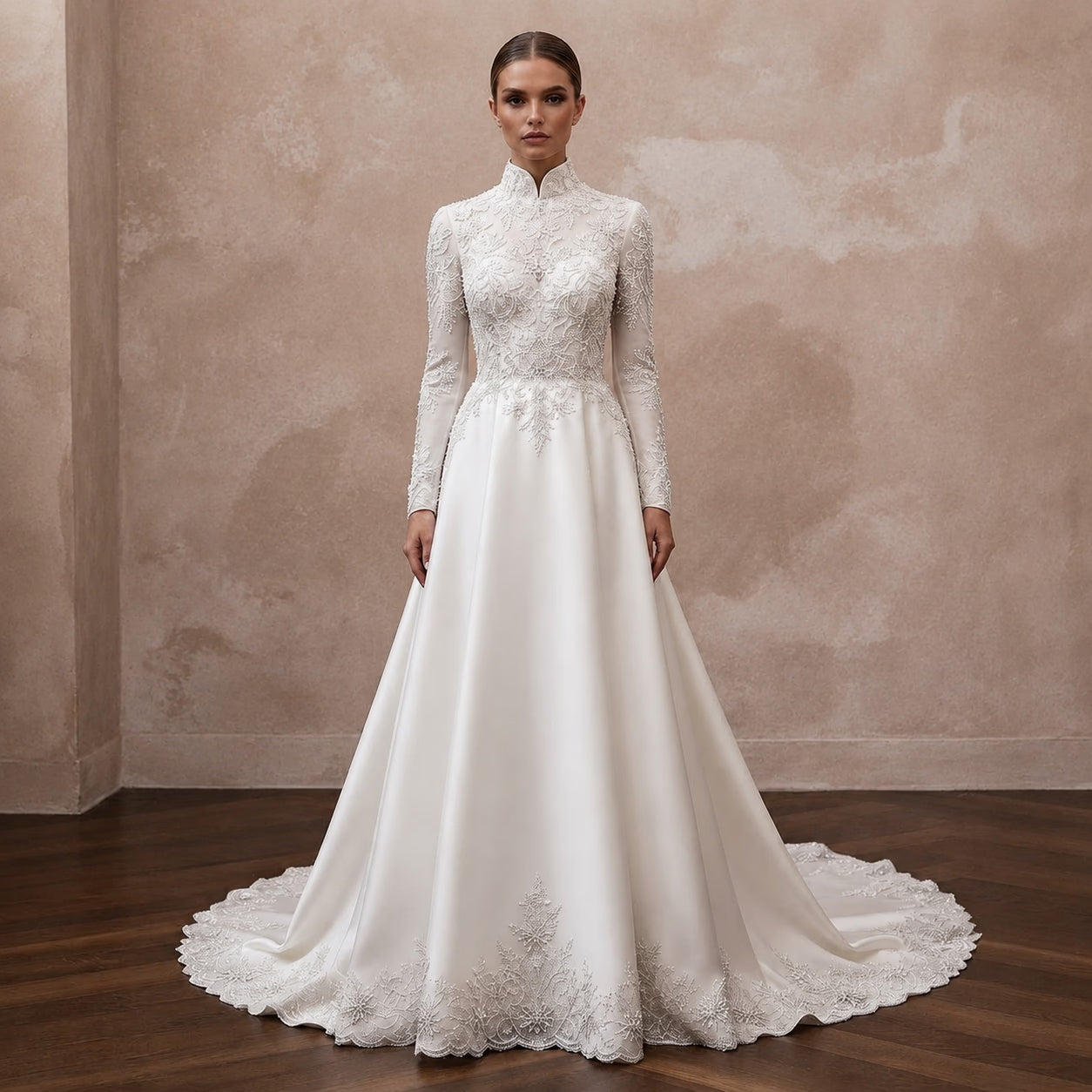 High Neck Satin Bridal Dress for a Winter Wedding