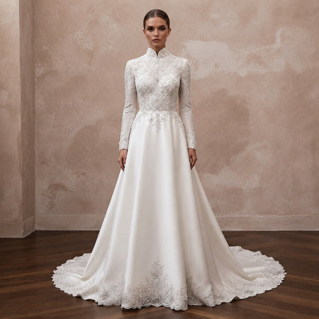 High Neck Satin Bridal Dress for a Winter Wedding