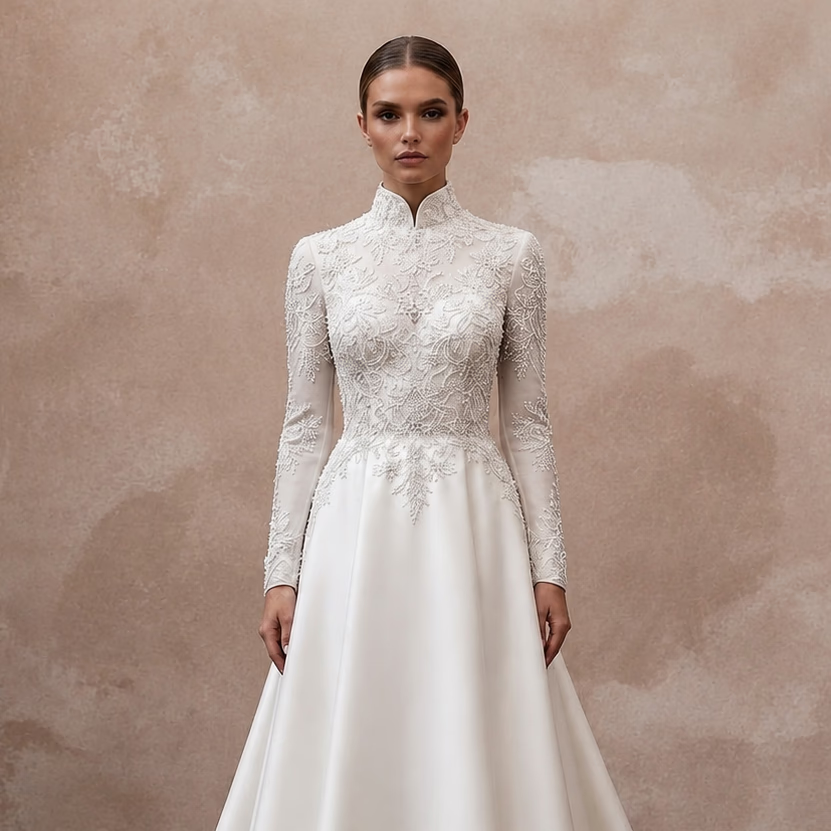 High Neck Satin Bridal Dress for a Winter Wedding