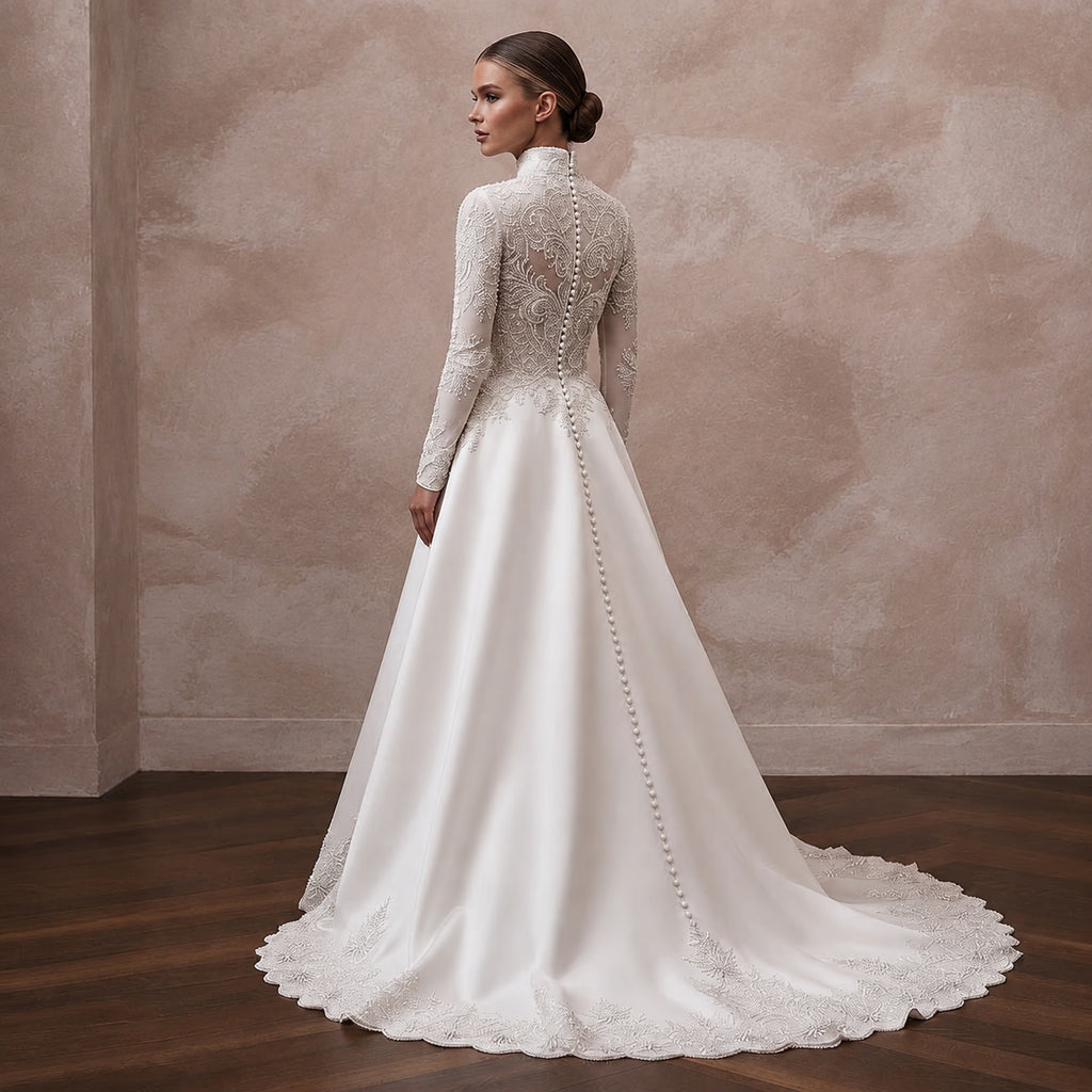 High Neck Satin Bridal Dress for a Winter Wedding