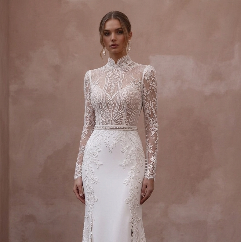 High Neck Wedding Dresses with Delicate Lace Sleeves