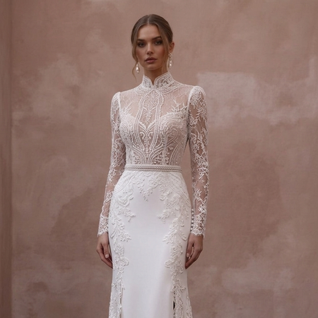 High Neck Wedding Dresses with Delicate Lace Sleeves