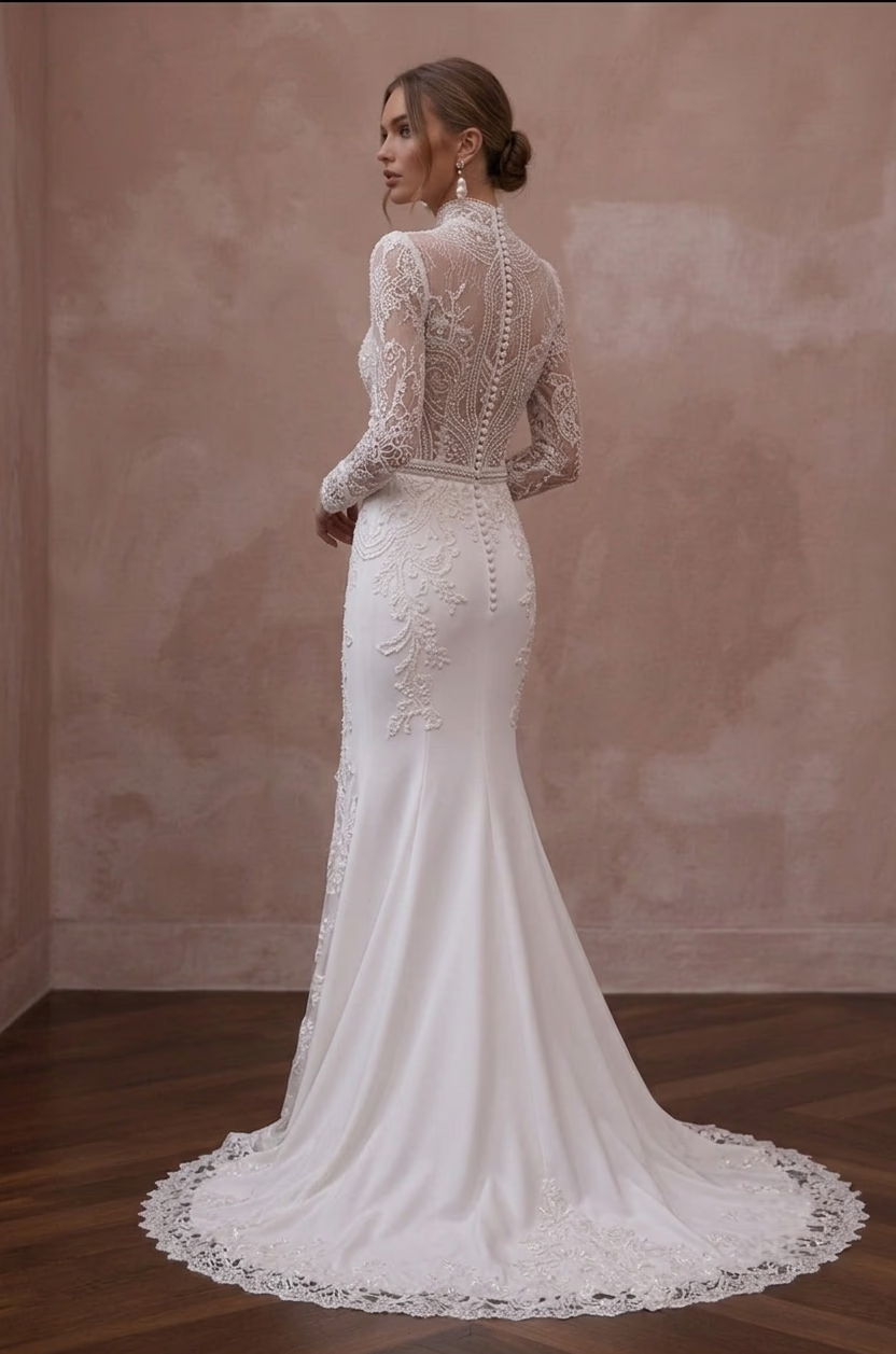 High Neck Wedding Dresses with Delicate Lace Sleeves - Apparel & Accessories > Clothing > Wedding & Bridal Party Dresses > Wedding Dresses - Mignonette