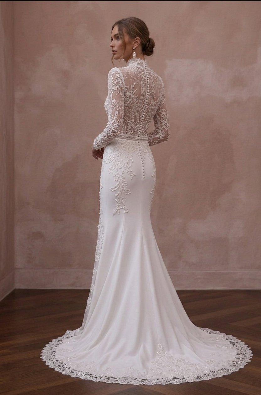 High Neck Wedding Dresses with Delicate Lace Sleeves Secondary image