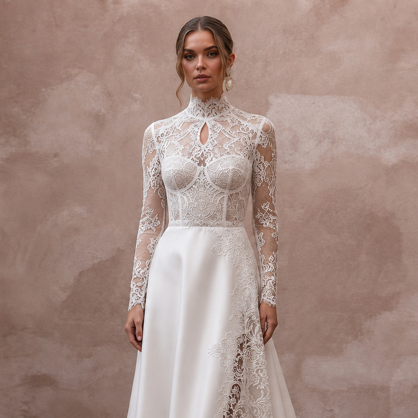 High Neck Wedding Dresses with French Lace Sleeves