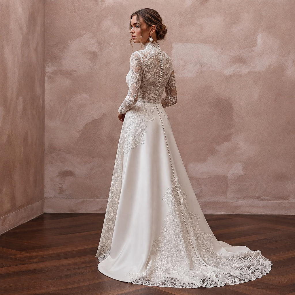High Neck Wedding Dresses with French Lace Sleeves - Apparel & Accessories > Clothing > Wedding & Bridal Party Dresses > Wedding Dresses - Mignonette Bridal