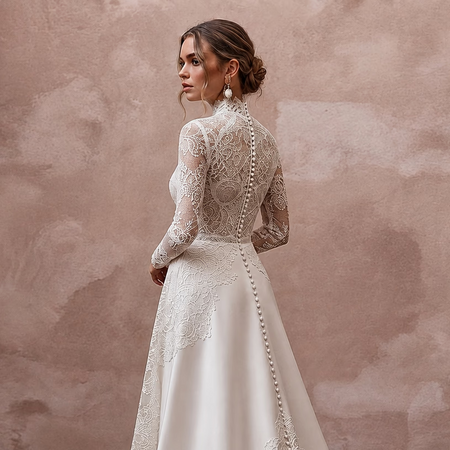 High Neck Wedding Dresses with French Lace Sleeves - Apparel & Accessories > Clothing > Wedding & Bridal Party Dresses > Wedding Dresses - Mignonette Bridal