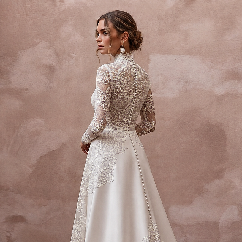 High Neck Wedding Dresses with French Lace Sleeves
