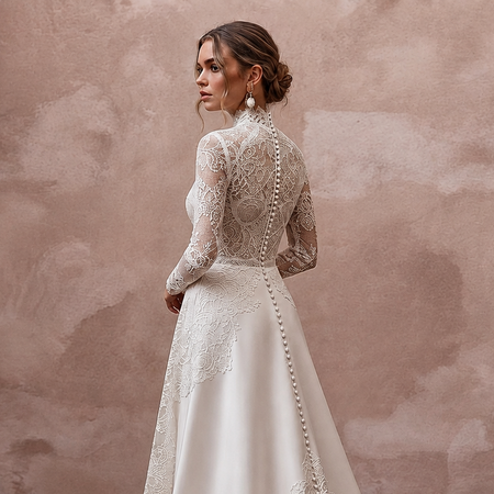 High Neck Wedding Dresses with French Lace Sleeves