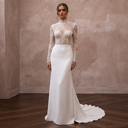 High Neck Wedding Dresses with Long Chantilly Lace Sleeves