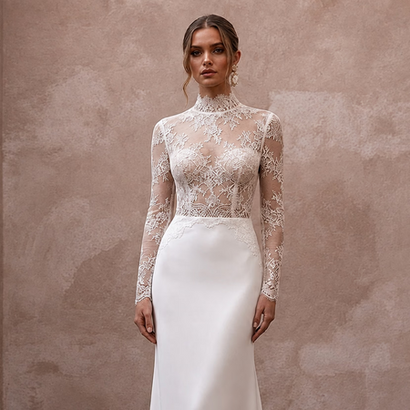 High Neck Wedding Dresses with Long Chantilly Lace Sleeves - Apparel & Accessories > Clothing > Wedding & Bridal Party Dresses > Wedding Dresses - Mignonette Bridal