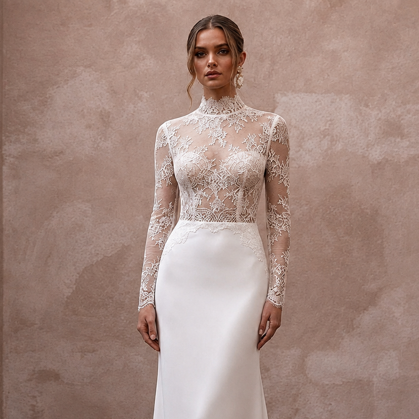 High Neck Wedding Dresses with Long Chantilly Lace Sleeves