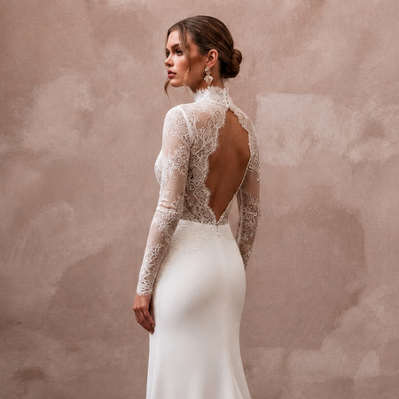 High Neck Wedding Dresses with Long Chantilly Lace Sleeves - Apparel & Accessories > Clothing > Wedding & Bridal Party Dresses > Wedding Dresses - Mignonette Bridal