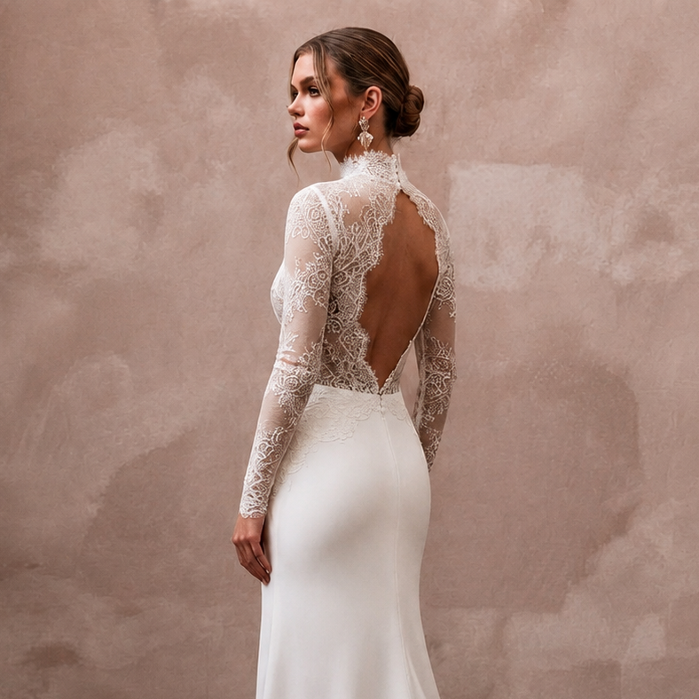High Neck Wedding Dresses with Long Chantilly Lace Sleeves
