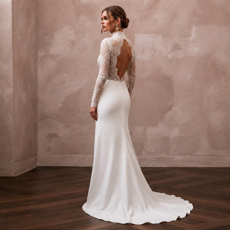 High Neck Wedding Dresses with Long Chantilly Lace Sleeves - Apparel & Accessories > Clothing > Wedding & Bridal Party Dresses > Wedding Dresses - Mignonette Bridal