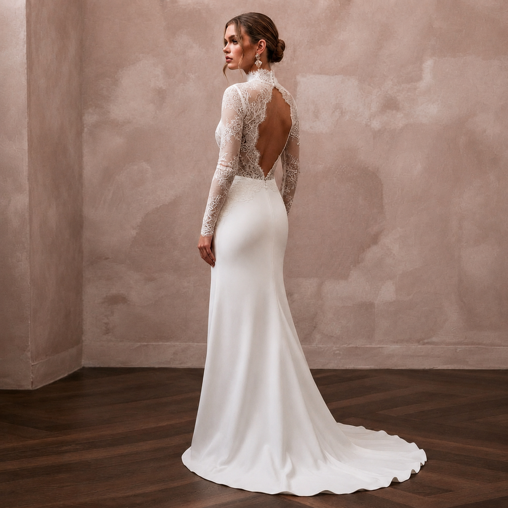 High Neck Wedding Dresses with Long Chantilly Lace Sleeves