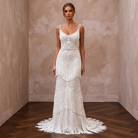 Hippie-Chic White Fringe Crochet Bridal Gown for Beach Vow Exchange