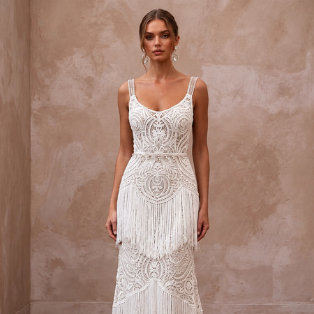 Hippie-Chic White Fringe Crochet Bridal Gown for Beach Vow Exchange