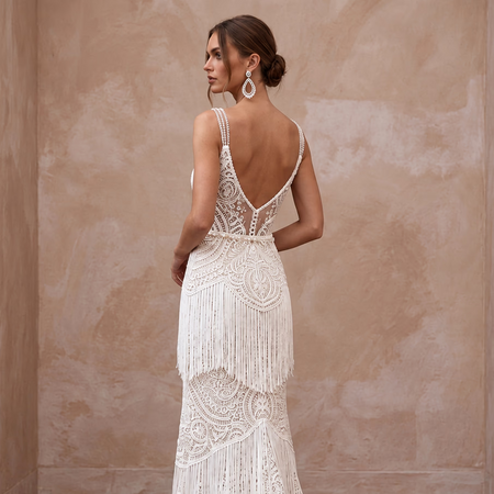Hippie-Chic White Fringe Crochet Bridal Gown for Beach Vow Exchange