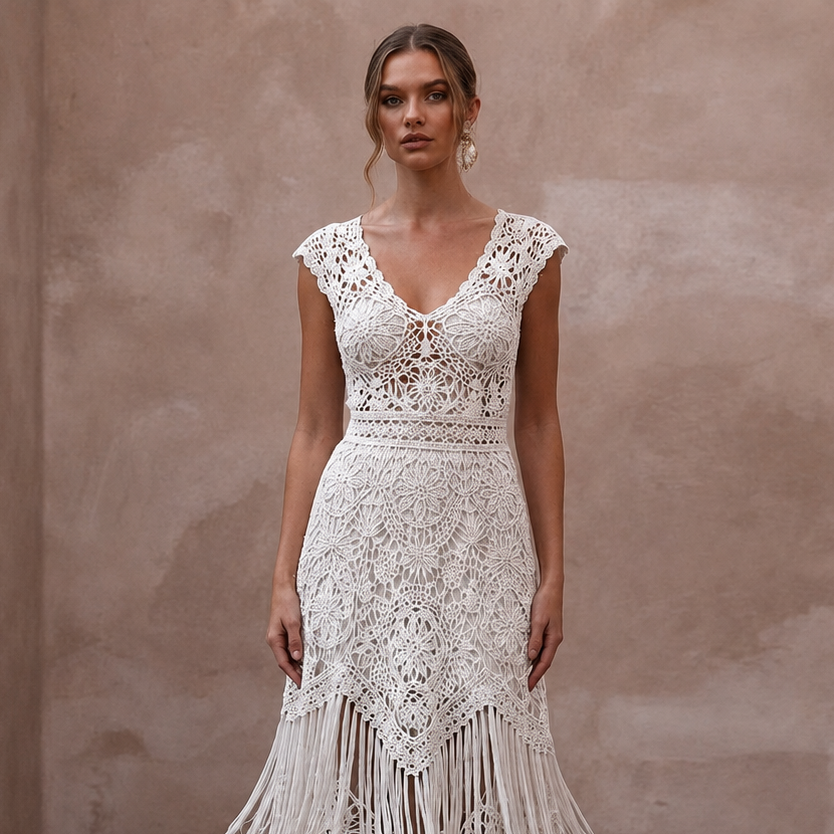 Hippie-Chic White Fringe Crochet Dress for Beach Vow Exchange