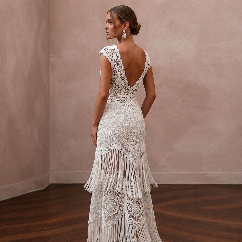 Hippie-Chic White Fringe Crochet Dress for Beach Vow Exchange