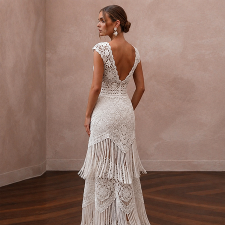 Hippie-Chic White Fringe Crochet Dress for Beach Vow Exchange