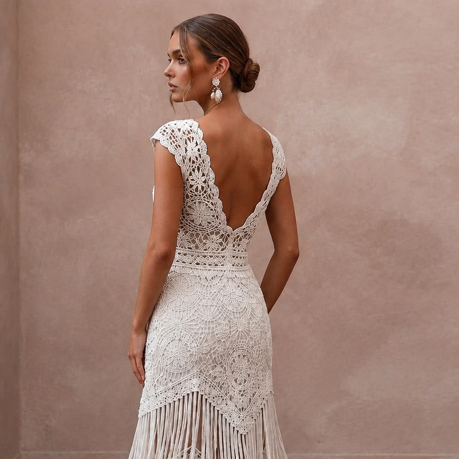 Hippie - Chic White Fringe Crochet Dress for Beach Vow Exchange - Apparel & Accessories > Clothing > Wedding & Bridal Party Dresses > Wedding Dresses - Mignonette Bridal