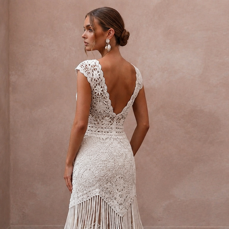 Hippie-Chic White Fringe Crochet Dress for Beach Vow Exchange