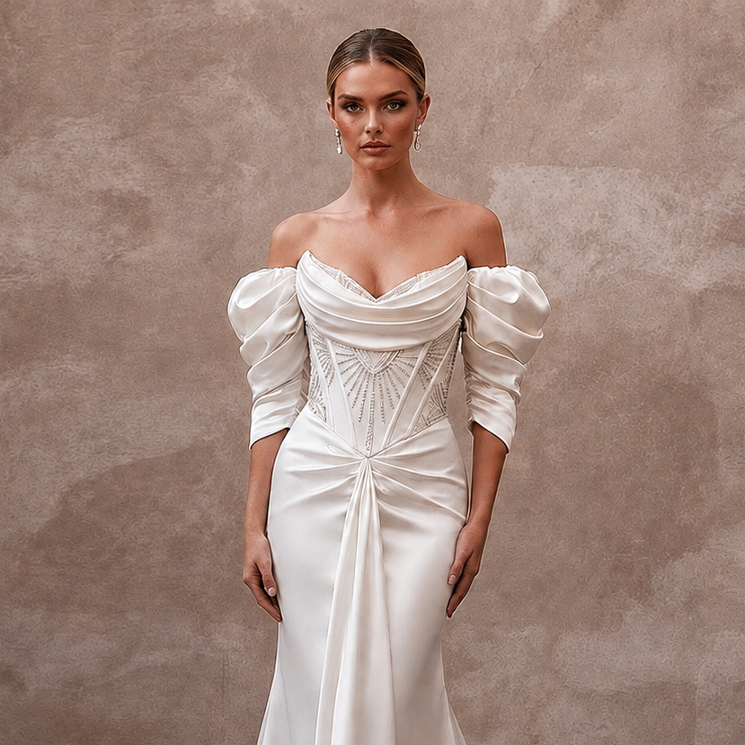 Hollywood Regency Ivory Satin Mermaid Wedding Dress for Elopement Photoshoot